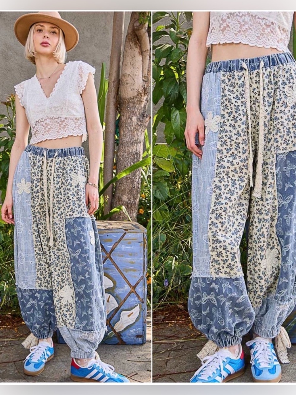 POL Patchwork denim floral and butterfly jogger new